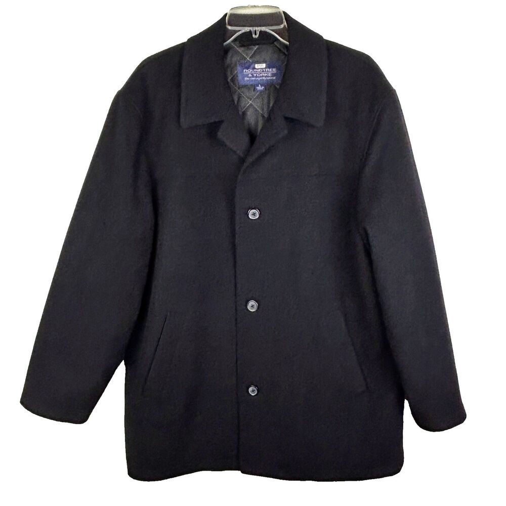 Roundtree & Yorke Men's Wool Overcoat Jacket Collared Button Front Coat Black L